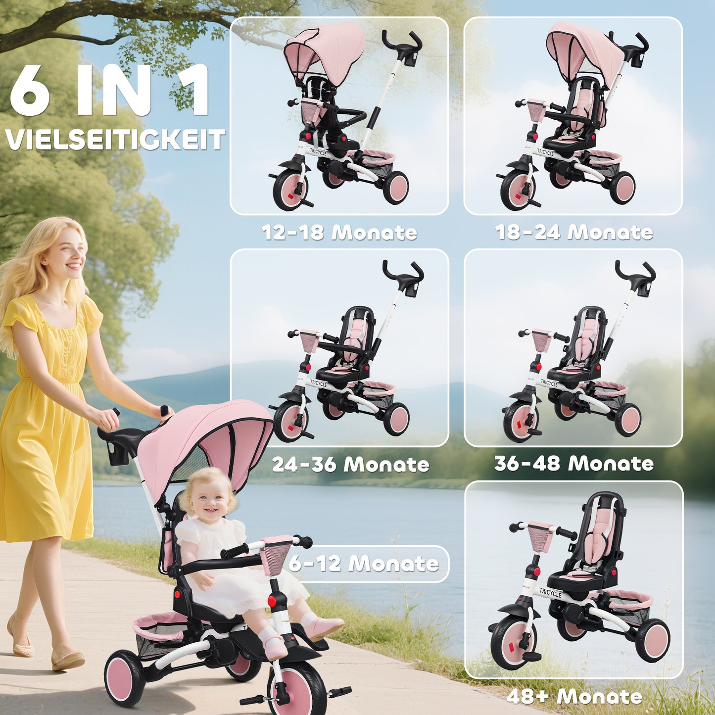 AIYAPLAY Kinderdreirad, 6-in-1 Buggy für Kleinkinder, mit Schiebegriff, verstellbarer Sitz, faltbares Design, Sicherheitsnetz