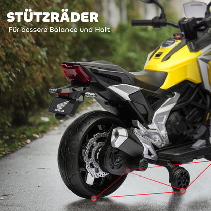 AIYAPLAY Elektro-Kindermotorrad, Honda, 3 km/h, Musik & Licht, 3-6 Jahre, bis 30 kg, Gelb