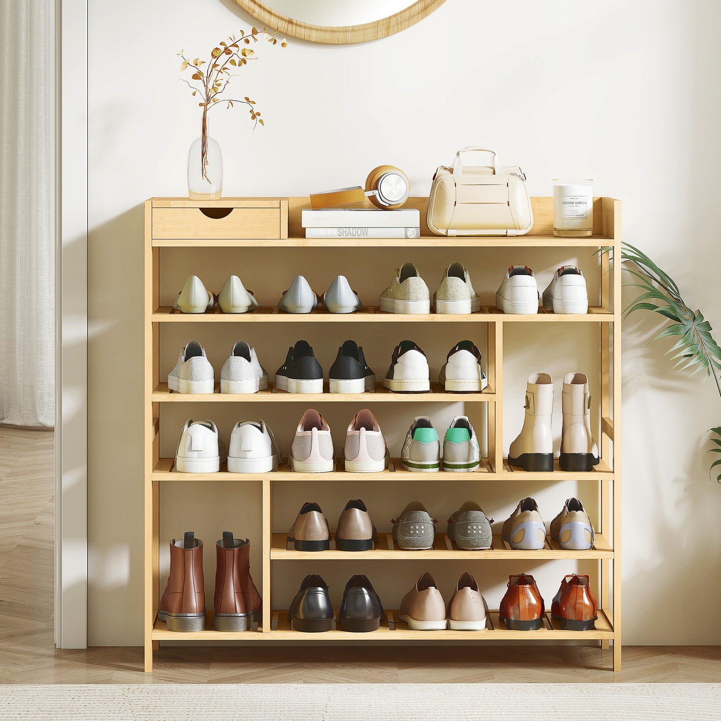 HOMCOM Schuhregal, Schuhständer mit 6 Ebenen, Schublade aus Bambus, für max. 18 Paar Schuhe, Schuhablage für Eingang, Schlafzimmer, 101 x 30 x 100 cm, Natur