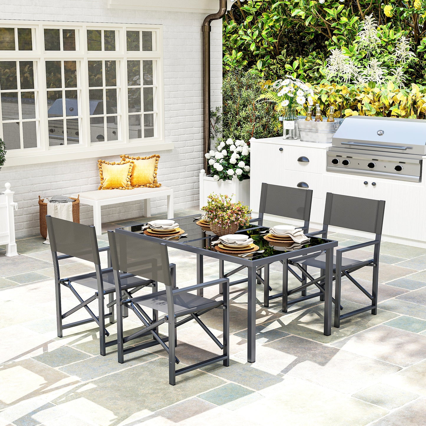Outsunny Sitzgruppe 5-teilig Essgruppe Stahl für 4 Personen Esstisch mit 4 klappbar Stühlen Glastisch Grau