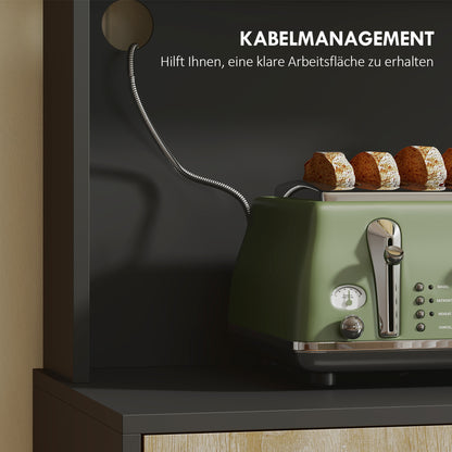 HOMCOM Küchenschrank mit Arbeitsfläche und Kabelloch, moderne Küchenkommode mit Schublade, 3 offene Regale, Naturholz, Schwarz