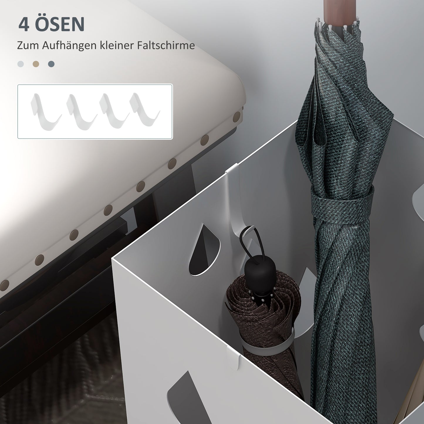 HOMCOM Schirmständer, 4 Haken, Tropfschale, Stahl, Weiß
