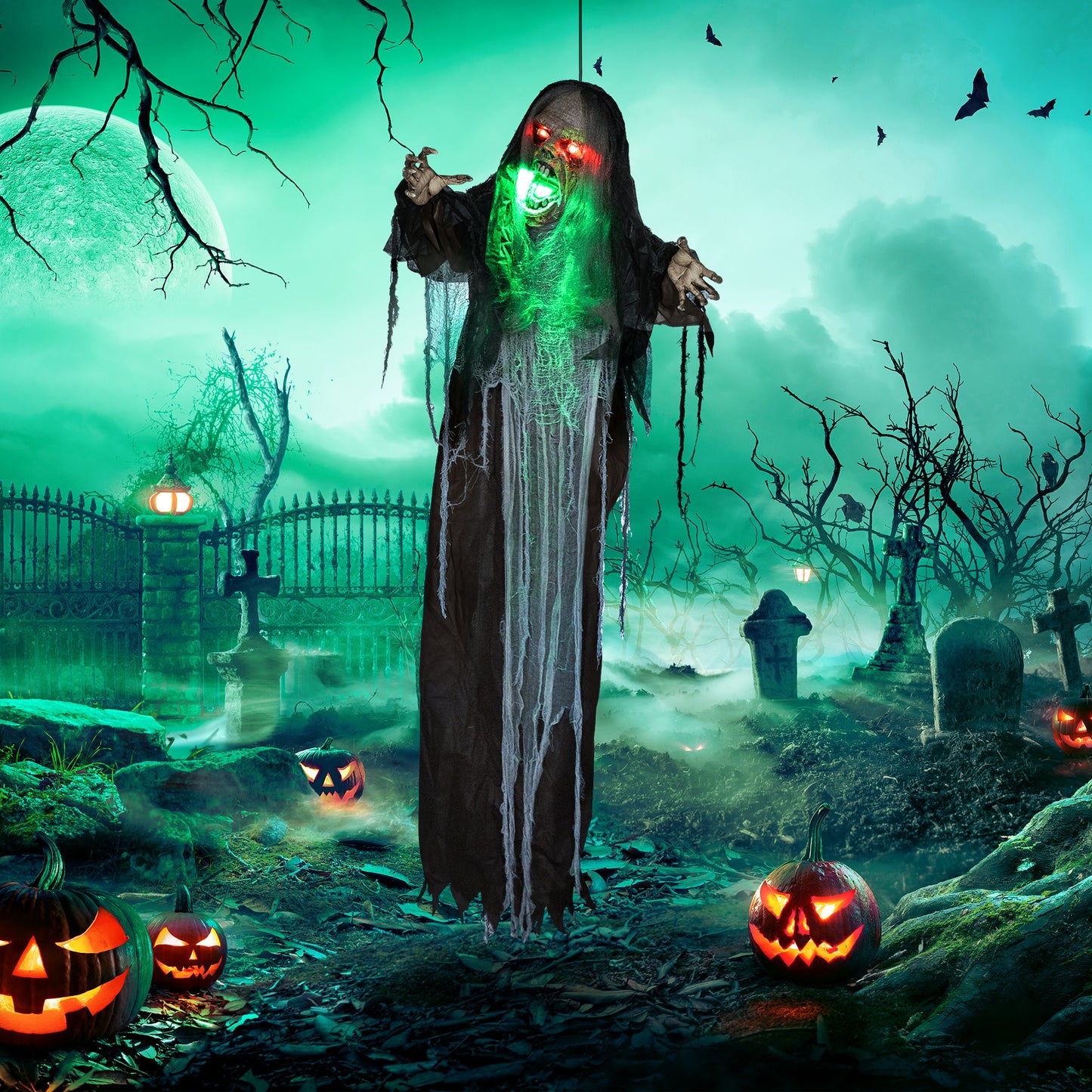 HOMCOM Grünes Monster, Helloweendeko, gruselige Soundeffekte, rote Augen, beweglich, 183 cm