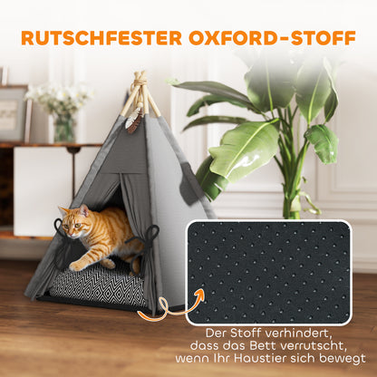 PawHut Tipi-Zelt für Haustiere, Tierbett im Tipi-Design, Katzenzelt mit Kissen, Hundebett zum Schlafen, Katzenbett, Grau
