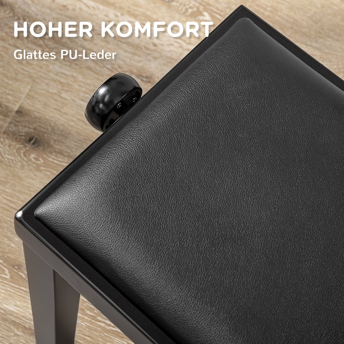 HOMCOM Klavierbank, Pianostuhl, höhenverstellbar, eleganter Hochglanz, Kunstleder+Kautschukholz, schwarz, 63 x 33 x 56cm