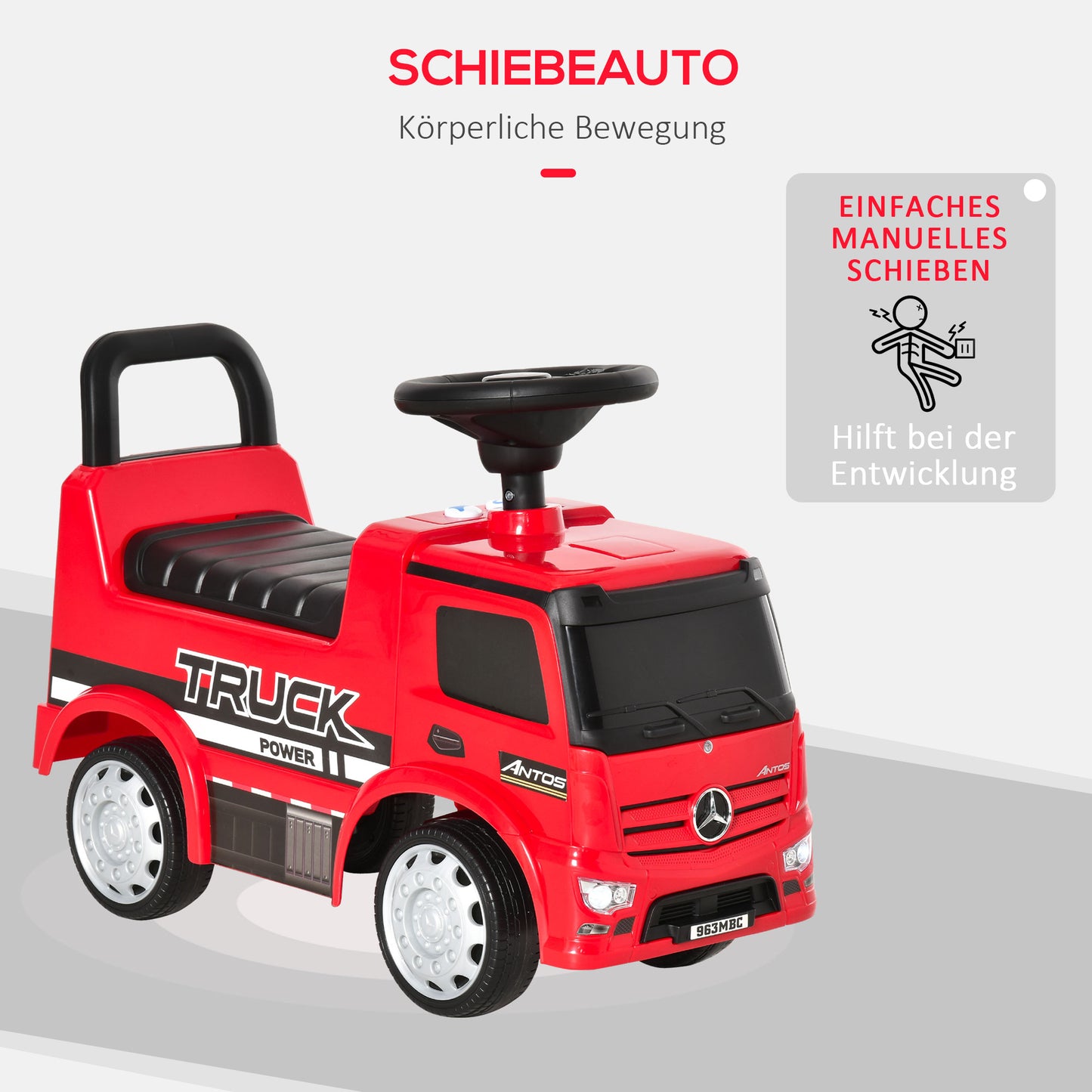 HOMCOM Rutscherfahrzeug Rutscherauto Babyrutscher Kinderfahrzeug lizenziert von Mercedes ANTOS-LKW-Stil mit Licht für Kinder von 12 bis 36 Monaten Metall PP-Kunststoff Rot+Schwarz 62,5x28,5x45cm