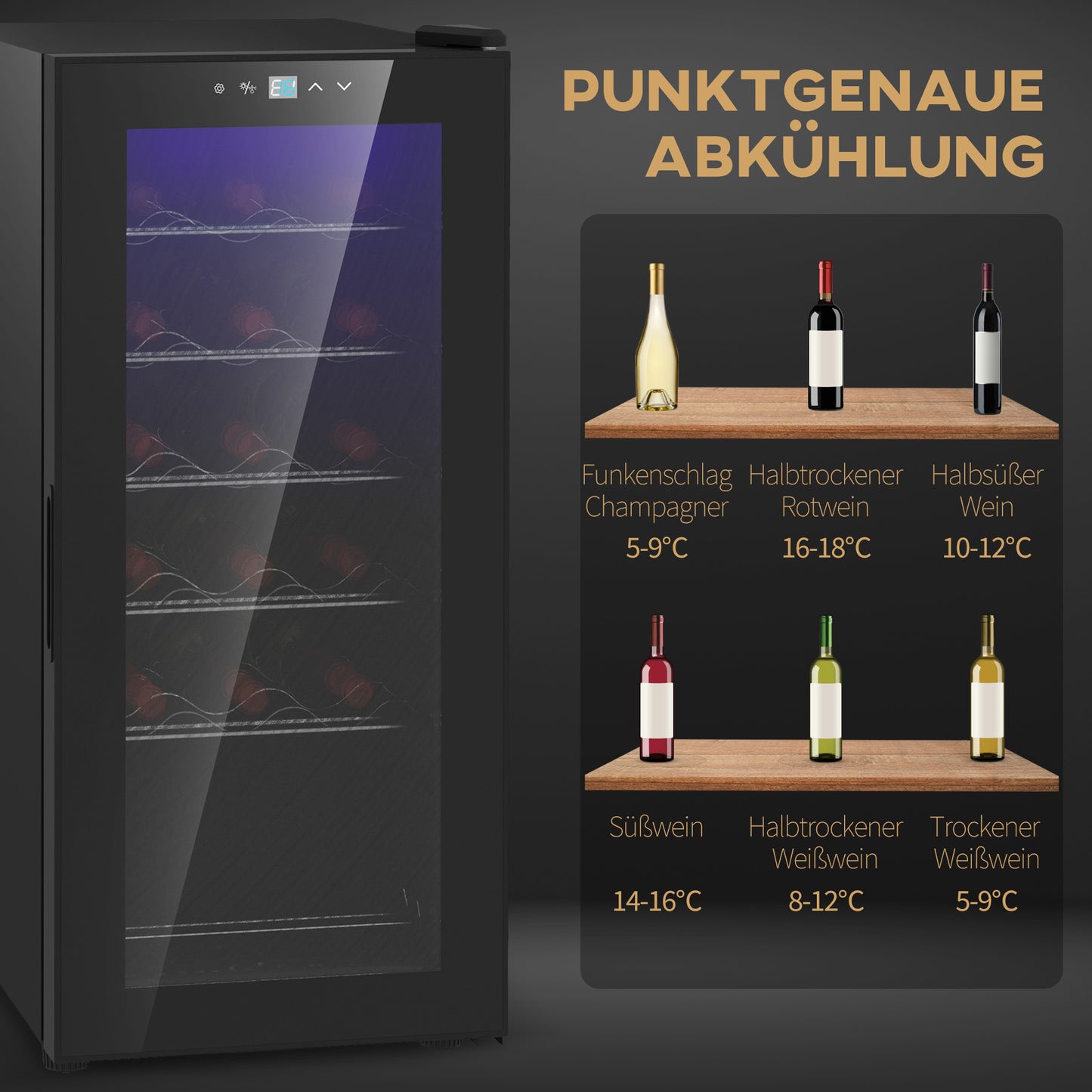 HOMCOM Weinkühlschrank, leise, 5-18°C, Touchscreen, Beleuchtung, 34,5x45x78cm, Schwarz