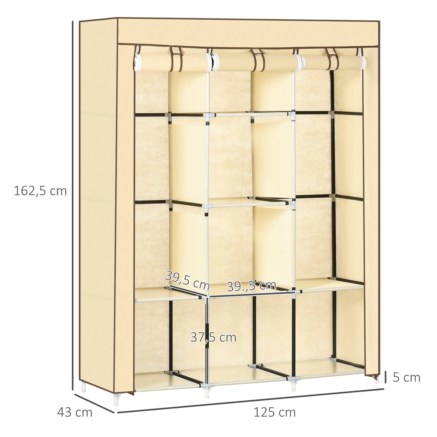 HOMCOM Schrank aus Stoff, Aufbewahrungslösung, 8 Regale, 2 Kleiderstangen, Beige