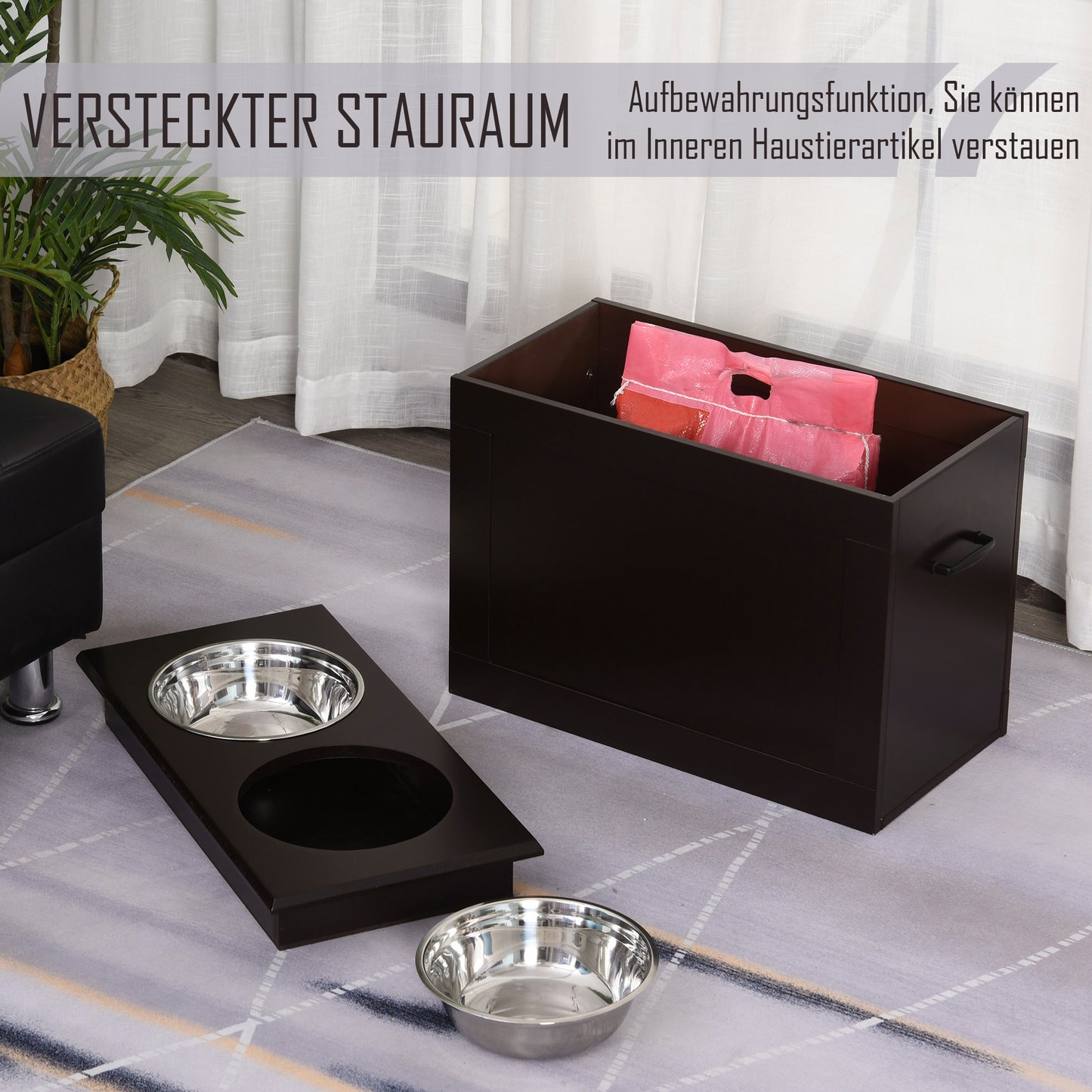 PawHut Futterstation, 2 Fressnäpfe aus Edelstahl, versteckter Stauraum, 60 cm x 30 cm x 41 cm, Schwarz + Silber