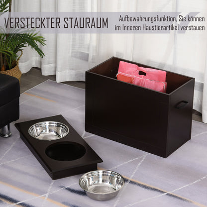 PawHut Futterstation, 2 Fressnäpfe aus Edelstahl, versteckter Stauraum, 60 cm x 30 cm x 41 cm, Schwarz + Silber