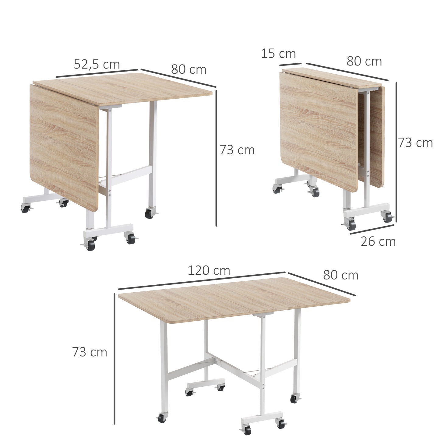HOMCOM Klapptisch auf Rollen, Laptop-Tisch, Esstisch, inkl. Feststellbremse, Natur + Weiß