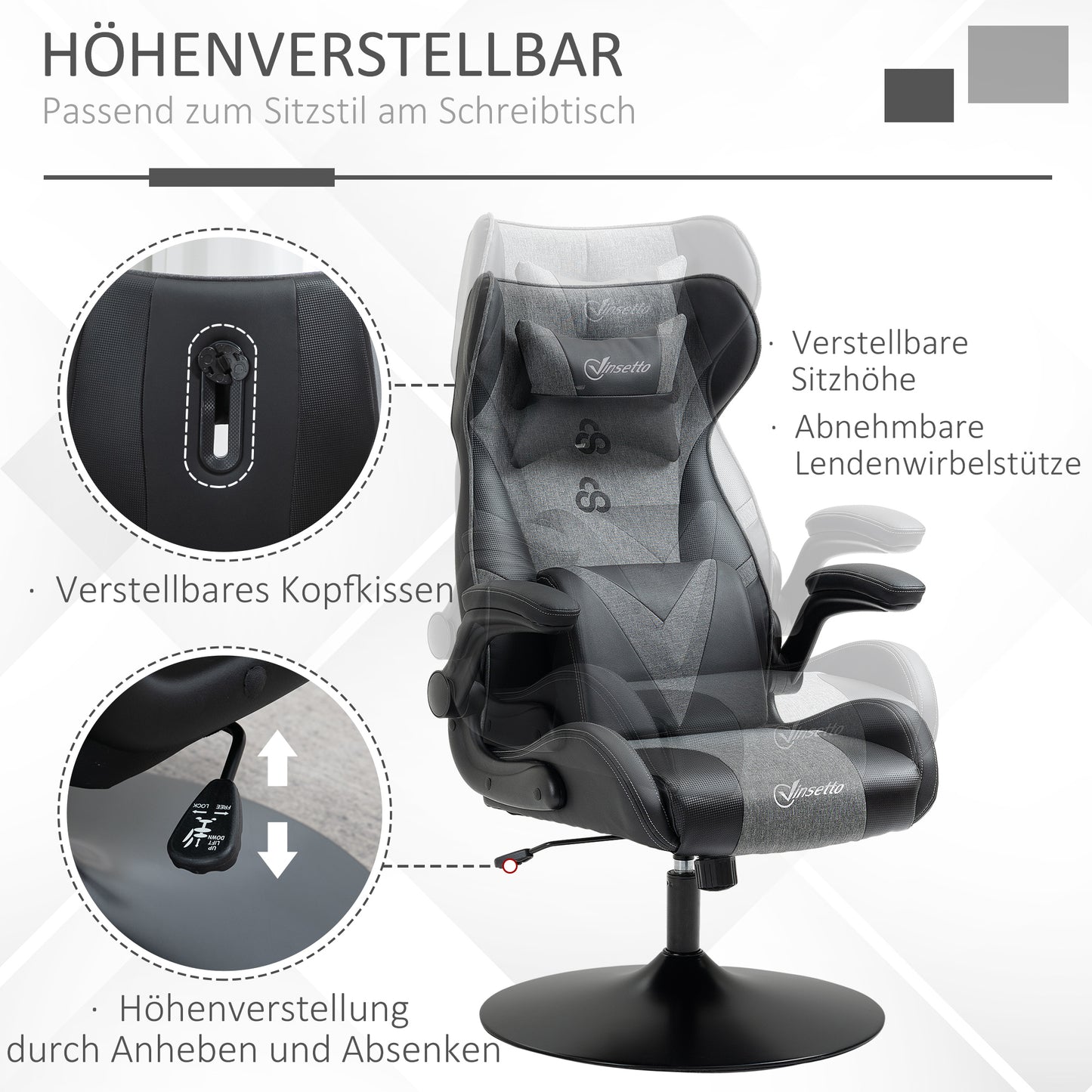 Vinsetto Gaming-Stuhl, höhenverstellbar & drehbar, Kunstleder-Bezug, klappbare Armlehnen, Schwarz+Grau