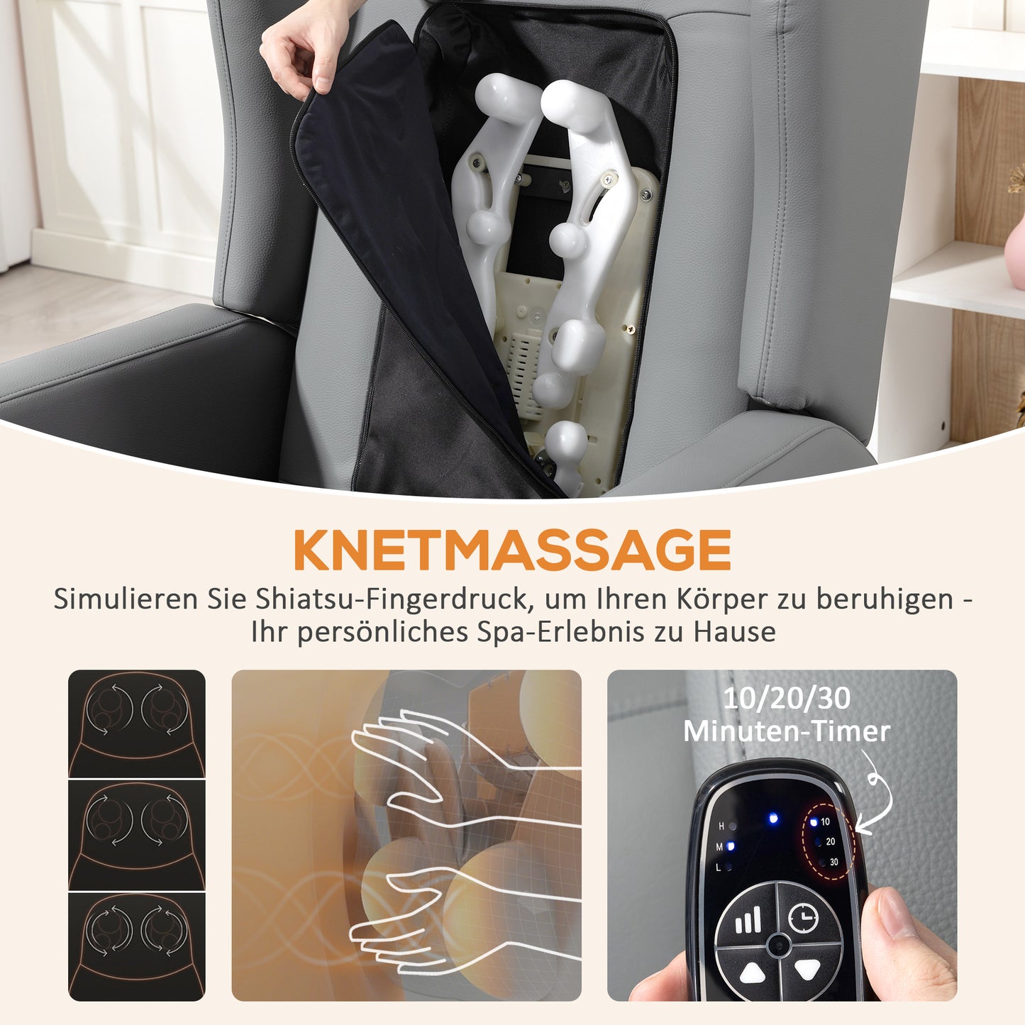 HOMCOM Massagesessel mit Rücklehnfunktion, Kunstleder, elektrisch verstellbar, Fußstütze, Seitentasche, Stahlrahmen, Grau