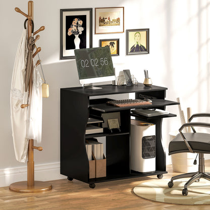 HOMCOM Computertisch mit Rollen, Schreibtisch mit Stauraum, 80 x 48 x 75 cm, Schwarz