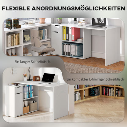 HOMCOM Flexibler Schreibtisch, 2-stufiger Schrank, Schublade, offene Fächer, Holz, Weiß