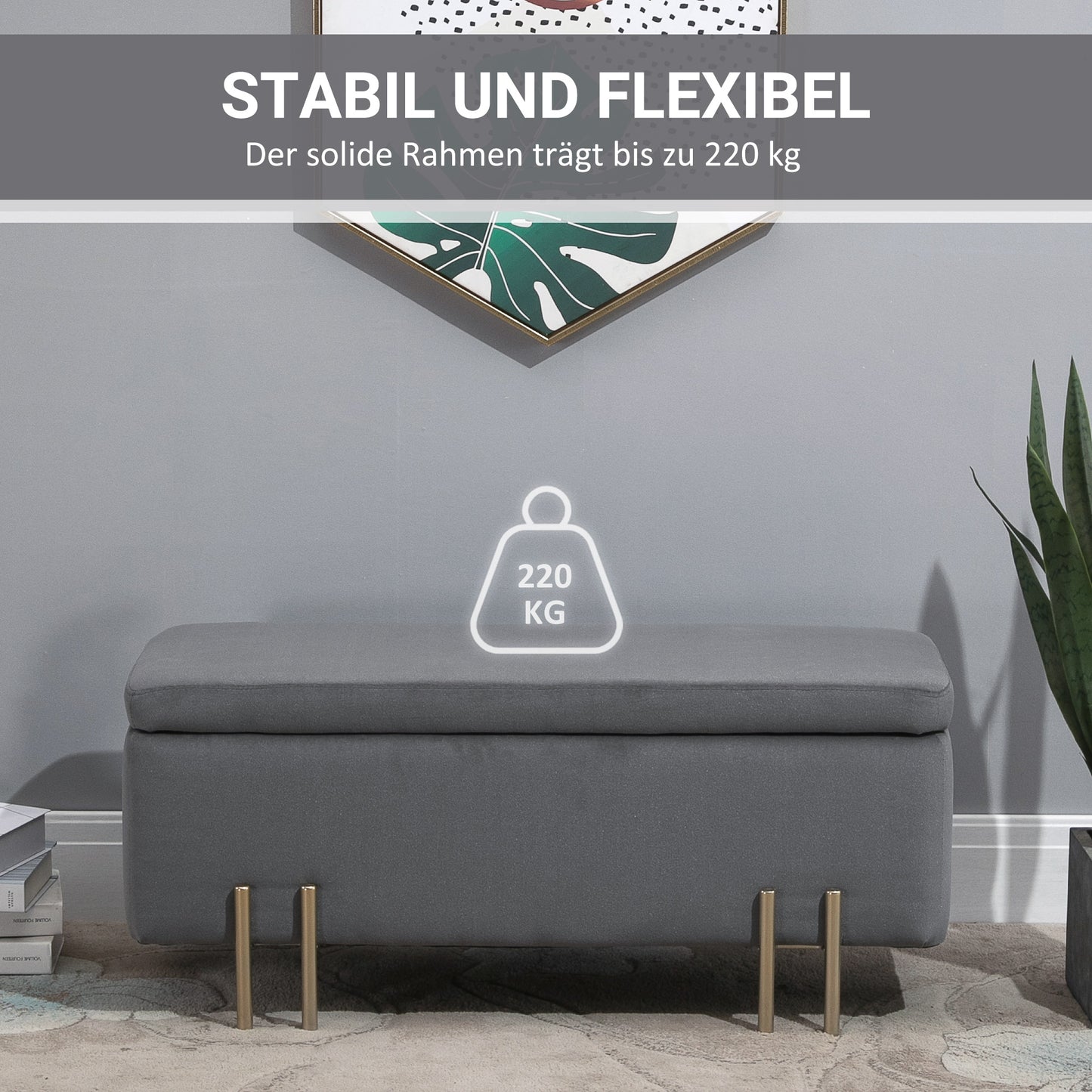 HOMCOM Sitzbank mit Stauraum Polsterbank mit Samtoptik, Sitztruhe mit Metallbeine, Truhenbank für Wohnzimmer Schlafzimmer Flur 100 x 40 x 42 cm, Dunkelgrau
