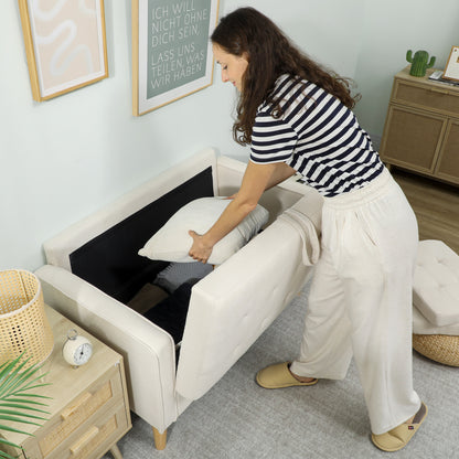 HOMCOM Zweisitzer-Sofa mit Stauraum, Knopfheftung, Kissen, Kautschukbaumholz, 117x62x78cm, Cremeweiß