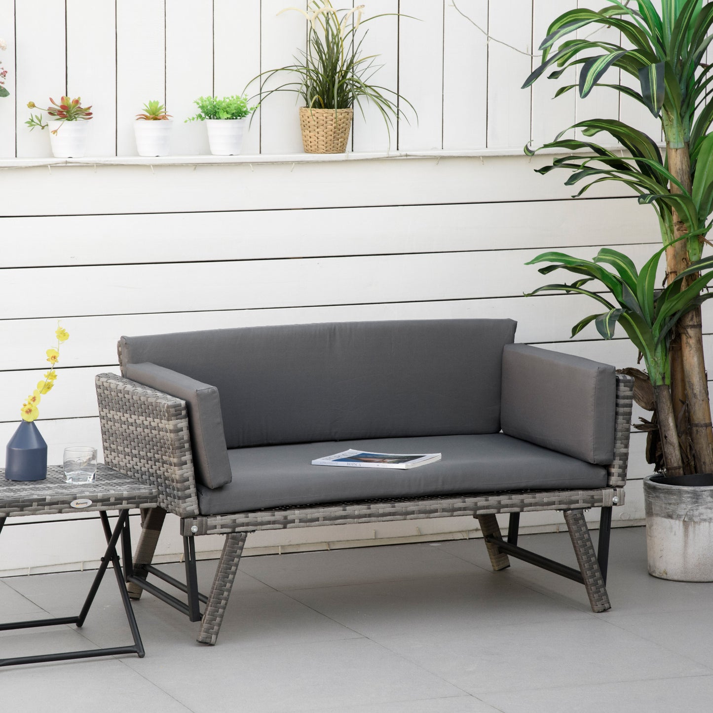 Outsunny Polyrattan Gartensoffa 2 Sitzer Gartenmöbel Loungesoffa Gartenbank Gartenliege klappbar Armlehnen Stahl Grau 129 x 63 x 67 cm