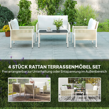 Outsunny Gartenmöbel Set från Polyrattan Lounge-Set mit 2er Sofa Sessel Glastisch Kissen 4 Personen Braun+Grau