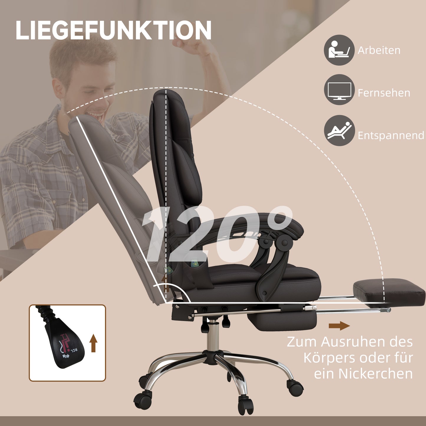 Vinsetto Bürostuhl med Massagefunktion, ergonomisk, liggfähig, 63x57x118, Braun
