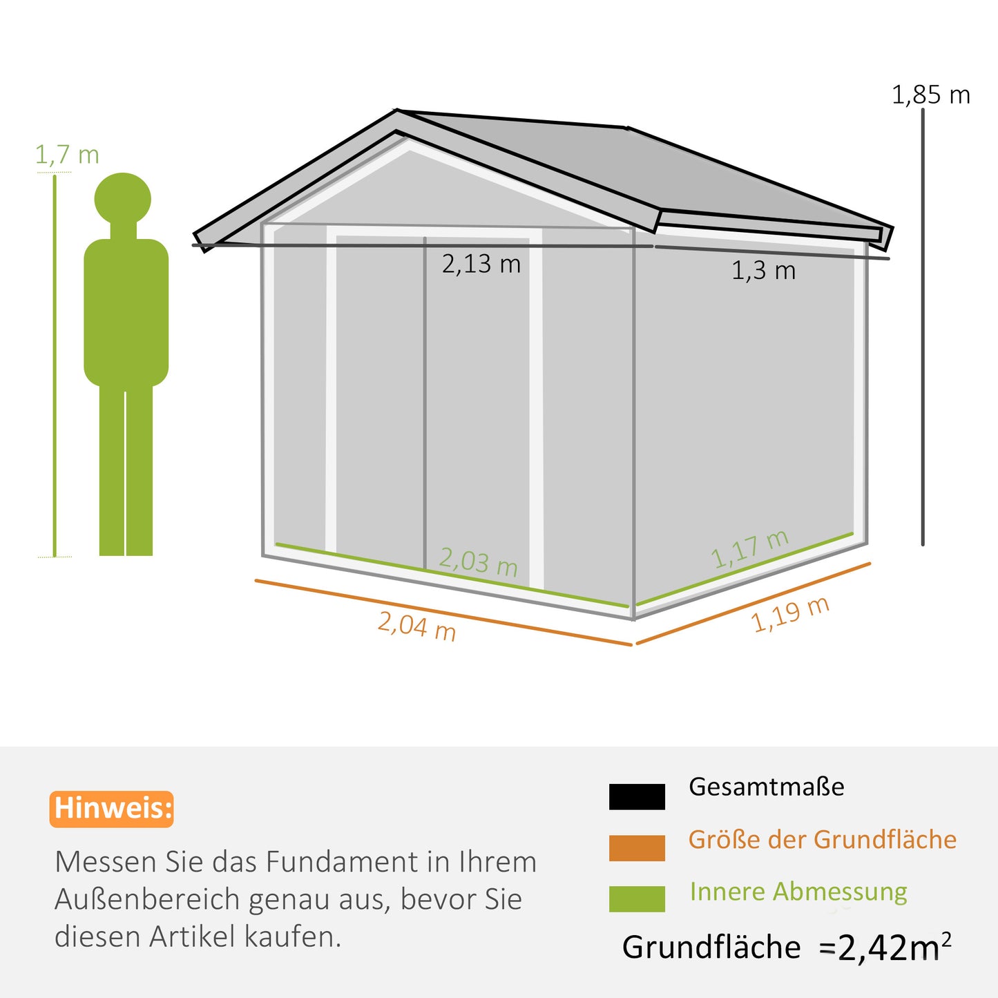 Outsunny Geräteschuppen mit Schiebetüren 2,13 x 1,30 x 1,85cm Metall Grau