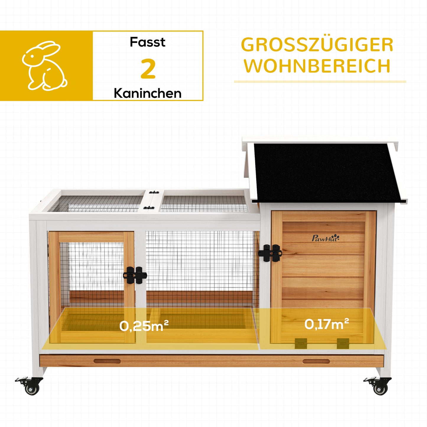 PawHut Kleintierstall für Zwergkaninchen, Meerschweinchen, mit Rädern, 108 x 58 x 73,5 cm, Gelb