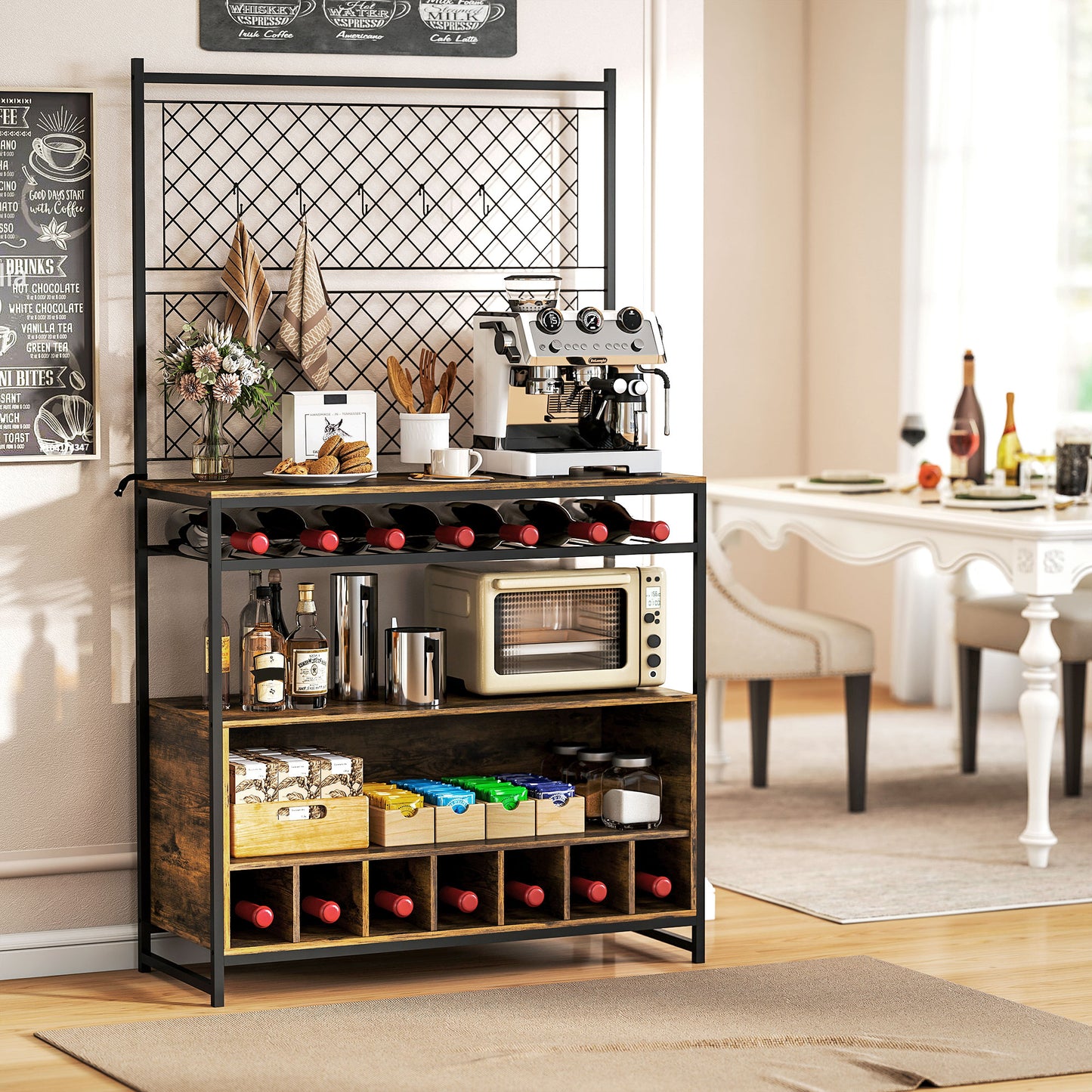 HOMCOM Küchenregal mit Arbeitsfläche, Metallgitterpaneele, 5 Haken, Küchenschrank für Gewürze, Töpfe, Pfannen, Braun