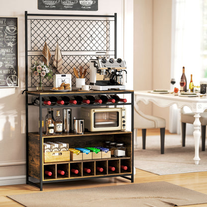 HOMCOM Küchenregal mit Arbeitsfläche, Metallgitterpaneele, 5 Haken, Küchenschrank für Gewürze, Töpfe, Pfannen, Braun