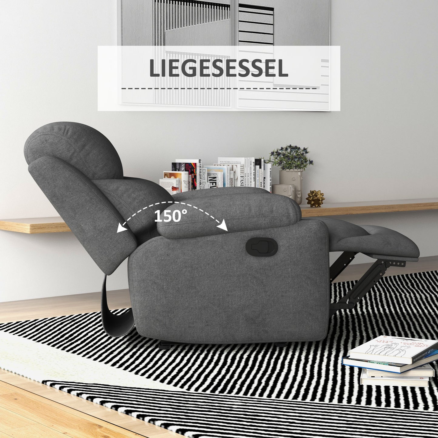 HOMCOM Relaxsessel Liegesessel Fernsehsessel, Liegefunktion Leinenoptik, 93 cm x 88 cm x 102 cm, Grau