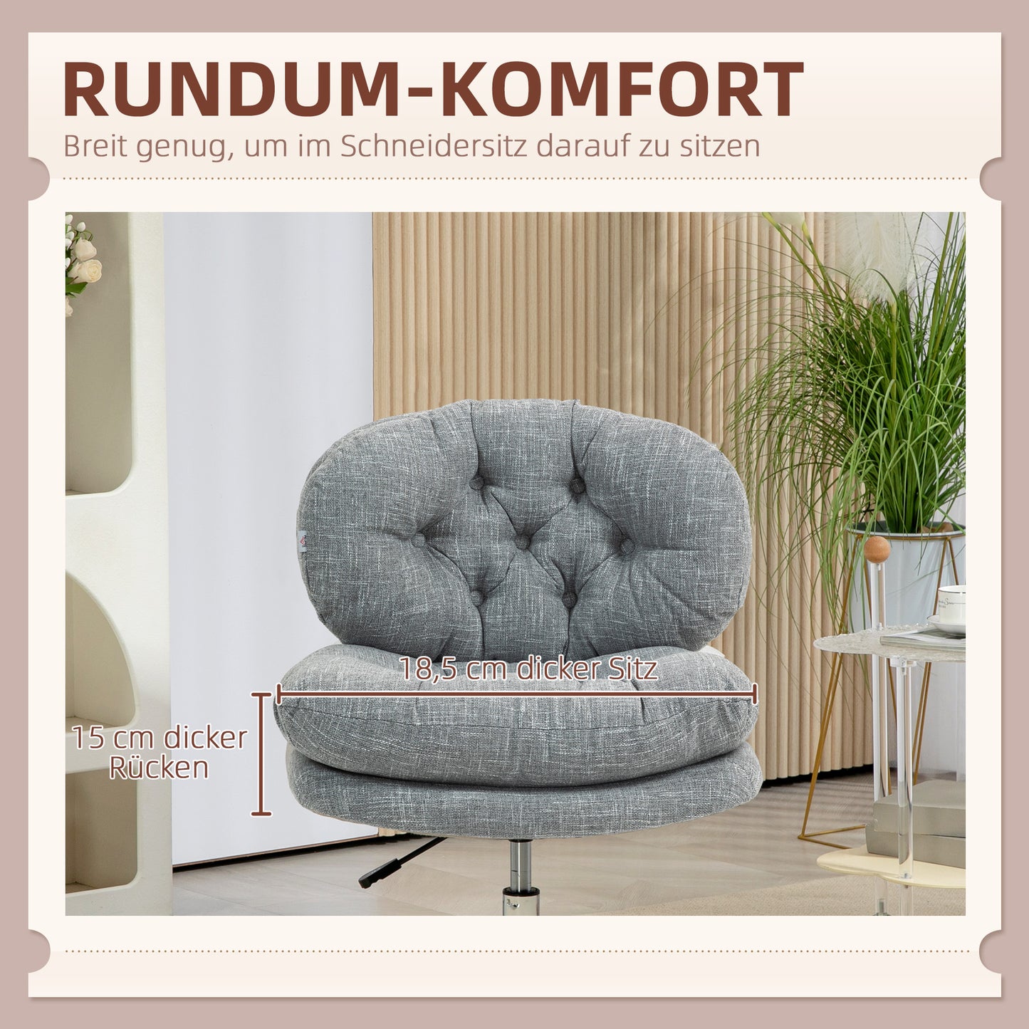 HOMCOM Bürostuhl ohne Armlehnen, bequemer Schreibtischstuhl mit gepolstertem Sitz und verstellbarer Höhe, Grau