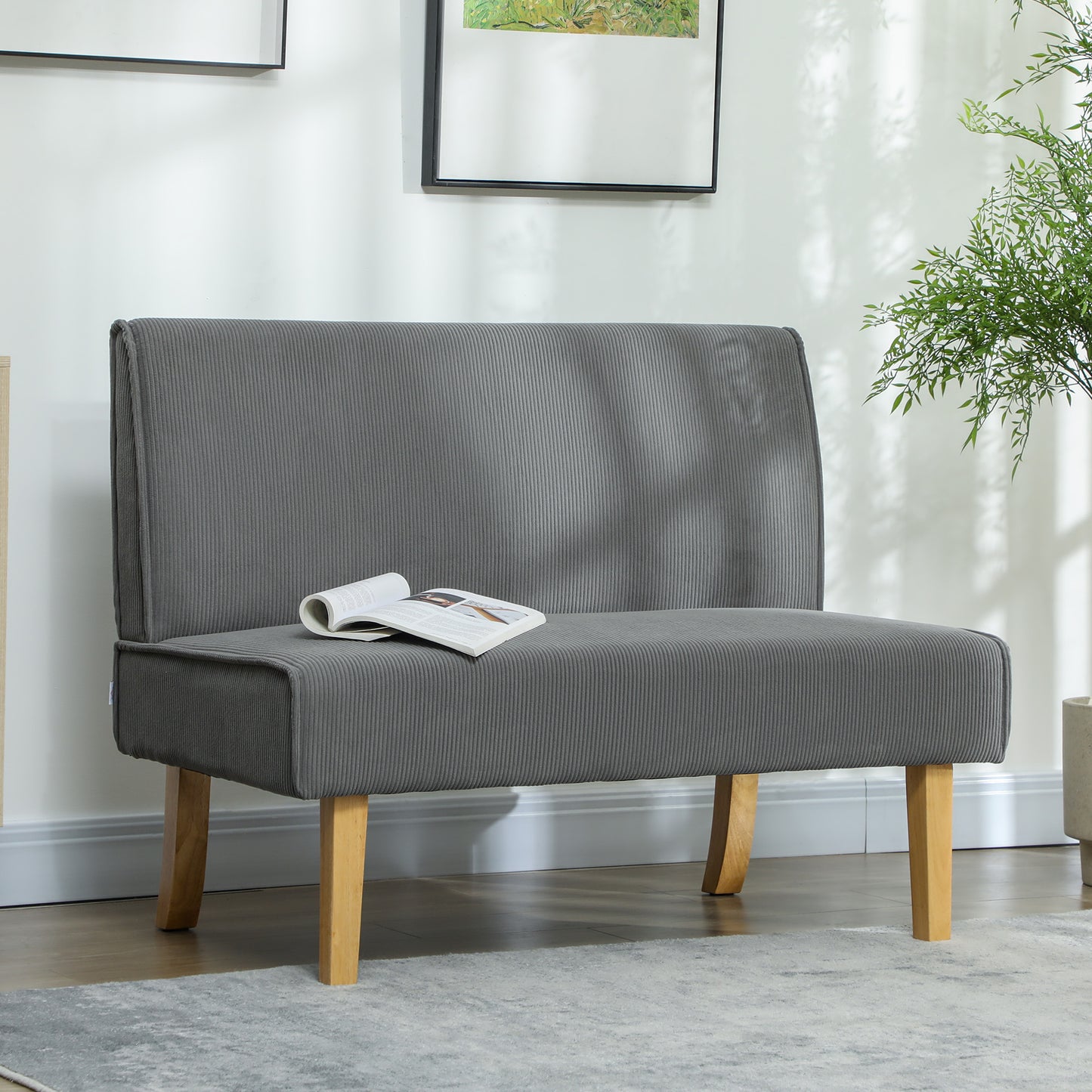 HOMCOM Zweisitzer-Sofa mit Cord-Bezug, dicker Polsterung und soliden Holzbeinen für Wohnzimmer, Schlafzimmer, Büro, Grau