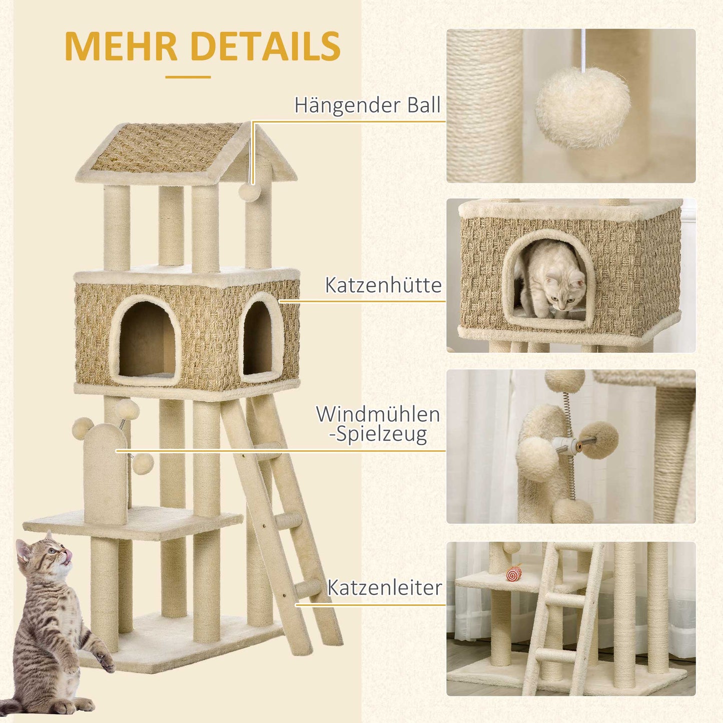 PawHut mit Katzenhöhle inkl. Spielzeug Sisal Plüsch Khaki + Beige + Kaffee