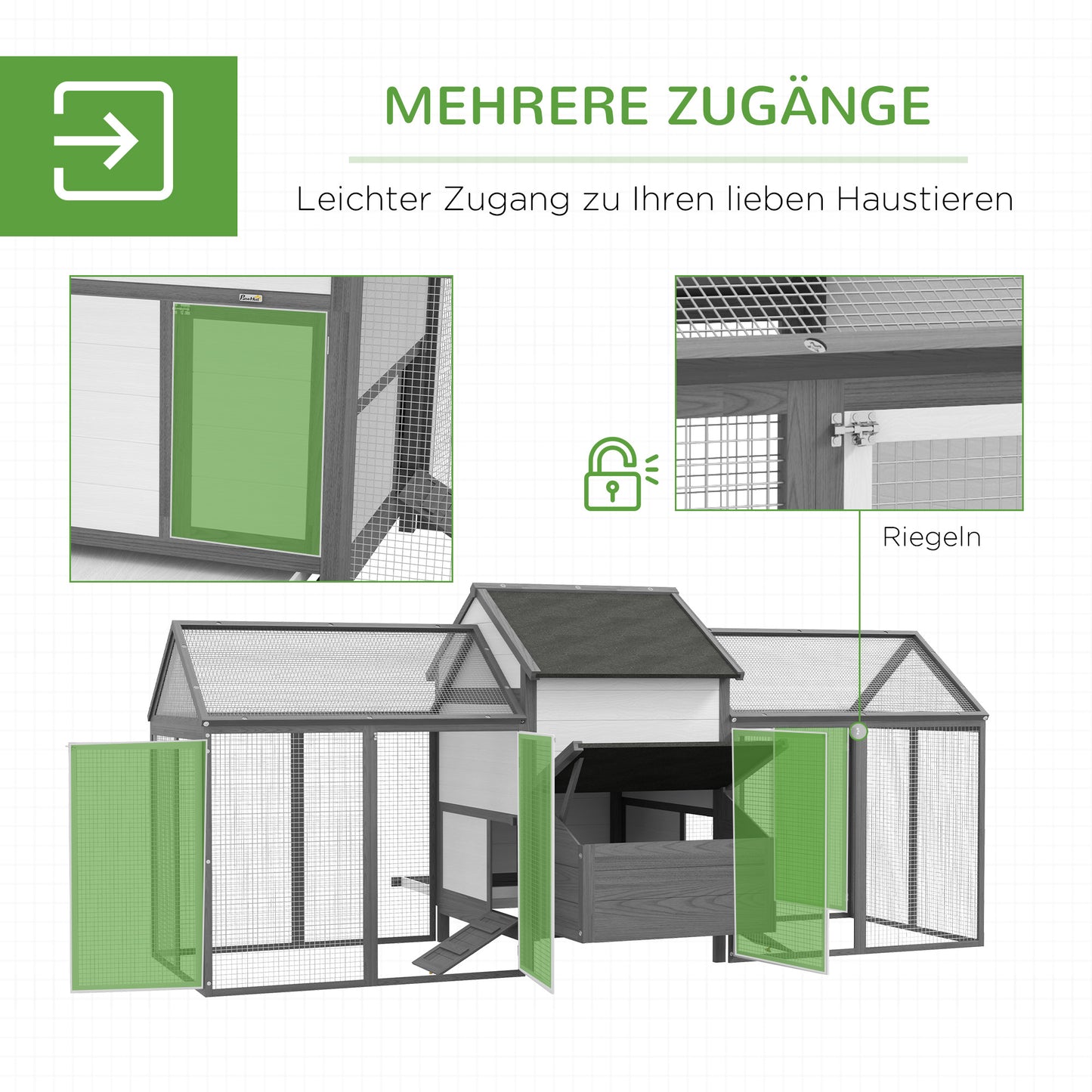 PawHut Hühnerstall Kleintierstall 2 Außengehege, 1 Nistkasten, 2 Rampen, Asphaltdach, wetterbeständig, Grau