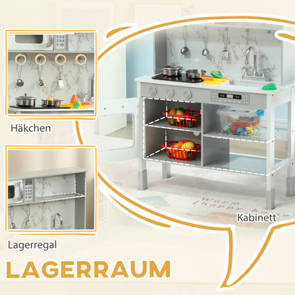 AIYAPLAY Spielküche mit Herd, Mikrowelle, viel Zubehör, höhenverstellbar, 70,1 x 28 x 90,2/96,1 cm, Weiß