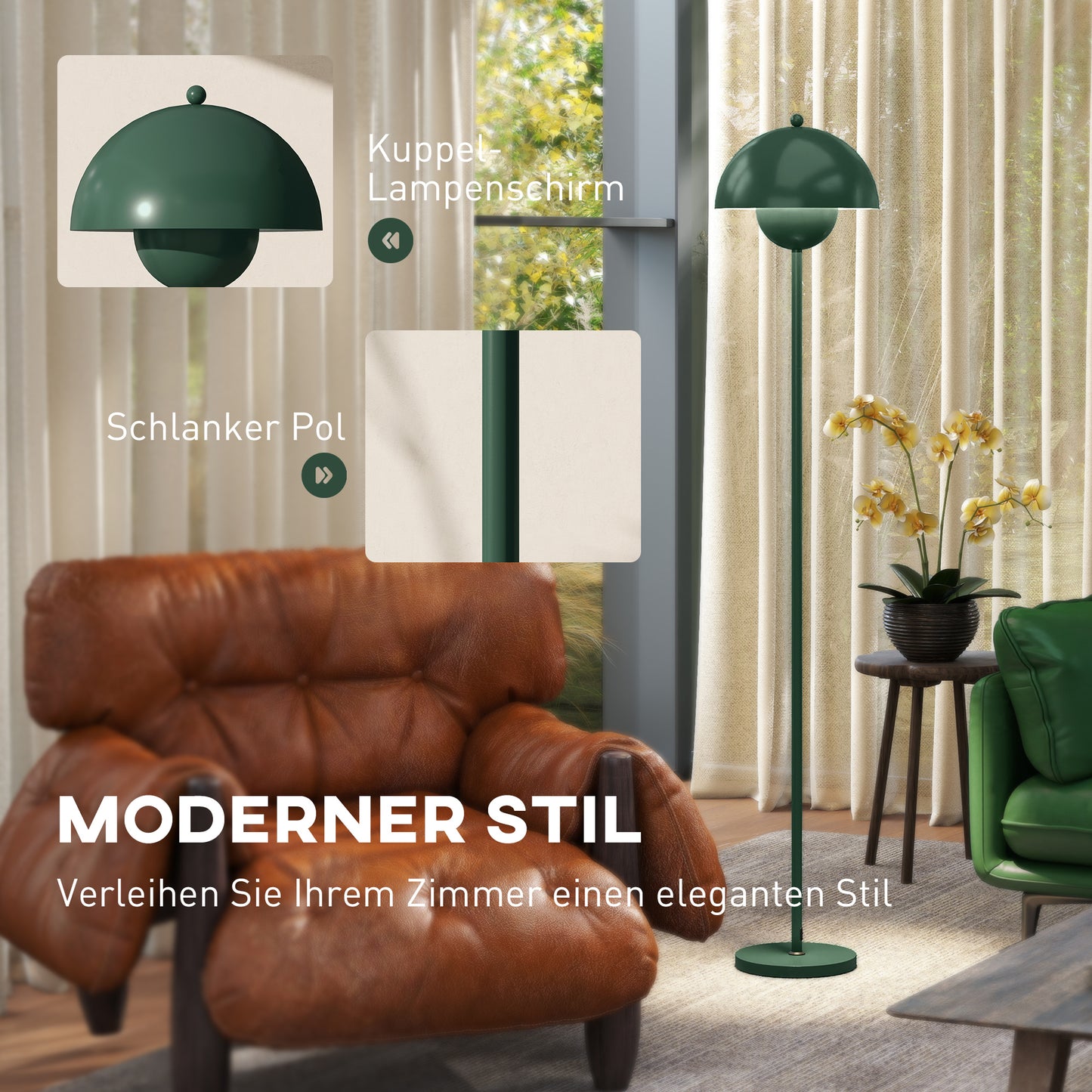 HOMCOM Stehlampe, runder Schirm, Fußschalter, langes Kabel, eleganter Look, Stahl, Grün