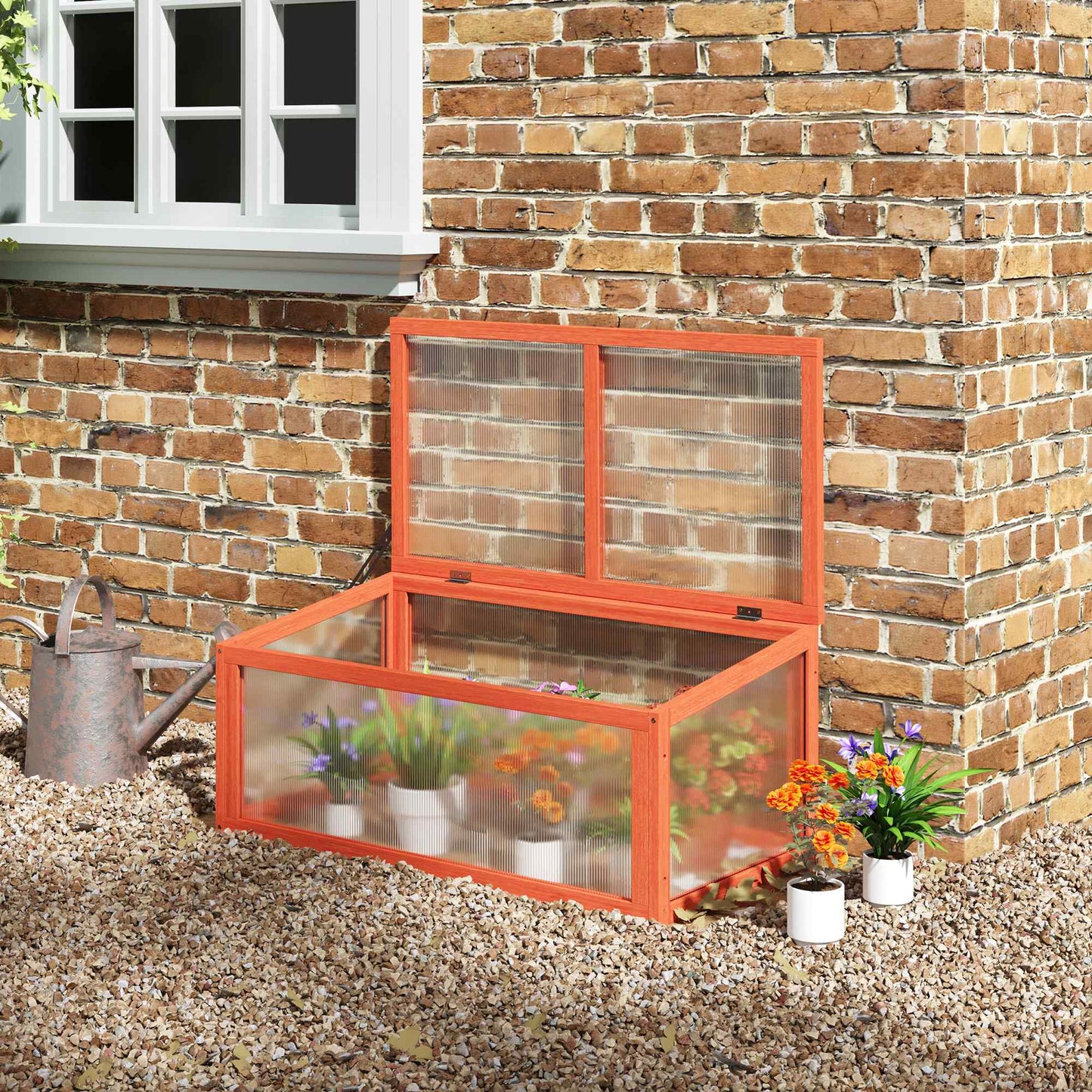 Outsunny Frühbeet Holz und Polycarbonat Treibhaus 90 x 46 x 40 cm Gewächshaus mit Abdeckung wetterfest Frühbeetkasten für Garten Pflanzenbeet Orange