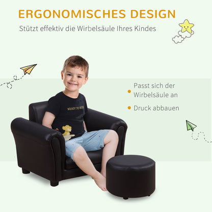 HOMCOM Kindersessel mit Fußhocker Kindercouch Kindersofa Minisofa für 1,5-3 Jahre Kinder Kindermöbel Holz Schwarz 54 x 42 x 41 cm