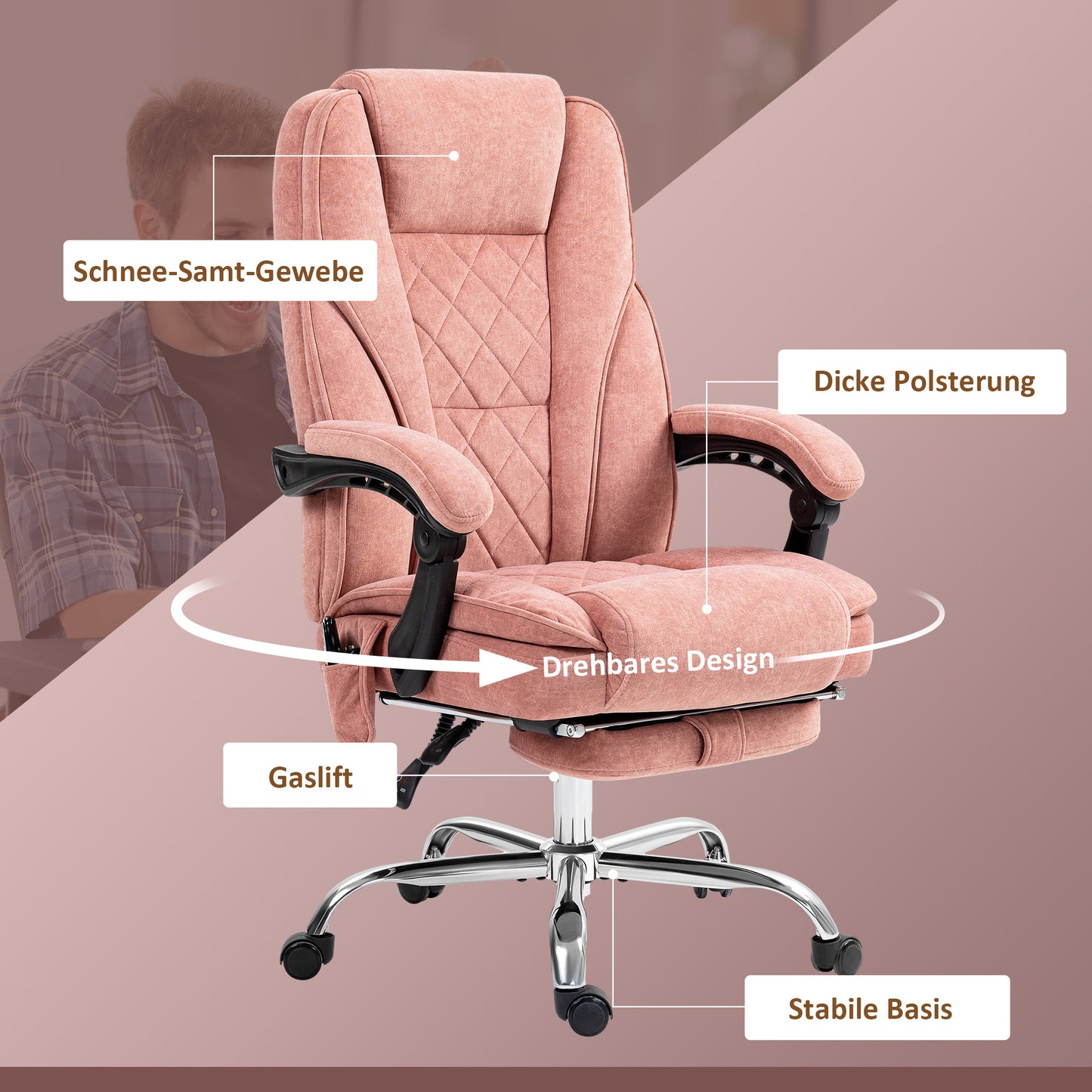 Vinsetto Ergonomischer Bürostuhl mit Massagefunktion, Fußstütze, drehbar, rollbar, Rosa