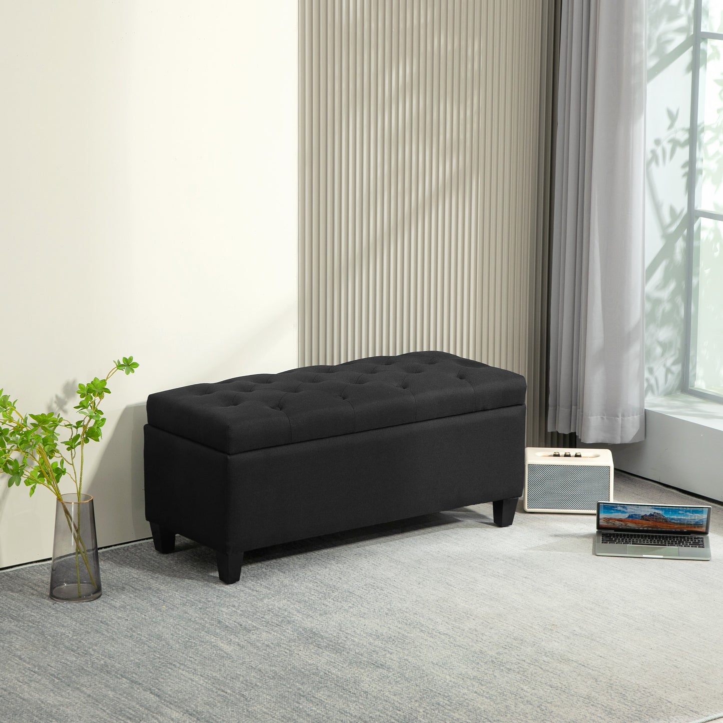 HOMCOM Sitzbank mit Stauraum, Truhenbank, leinenartiges Polyester, Kautschukholz, Schwarz, 100 x 40 x 44 cm