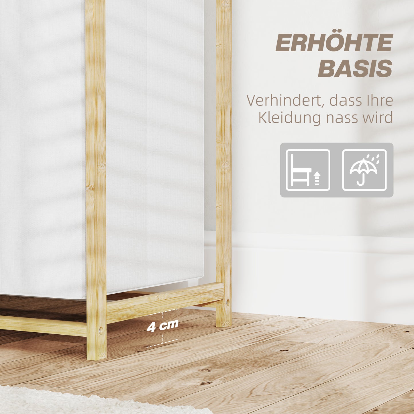 HOMCOM Wäschekorb mit Wäschesack, Stoffschublade, Bambus, 70x36x70 cm, Weiß/Holz