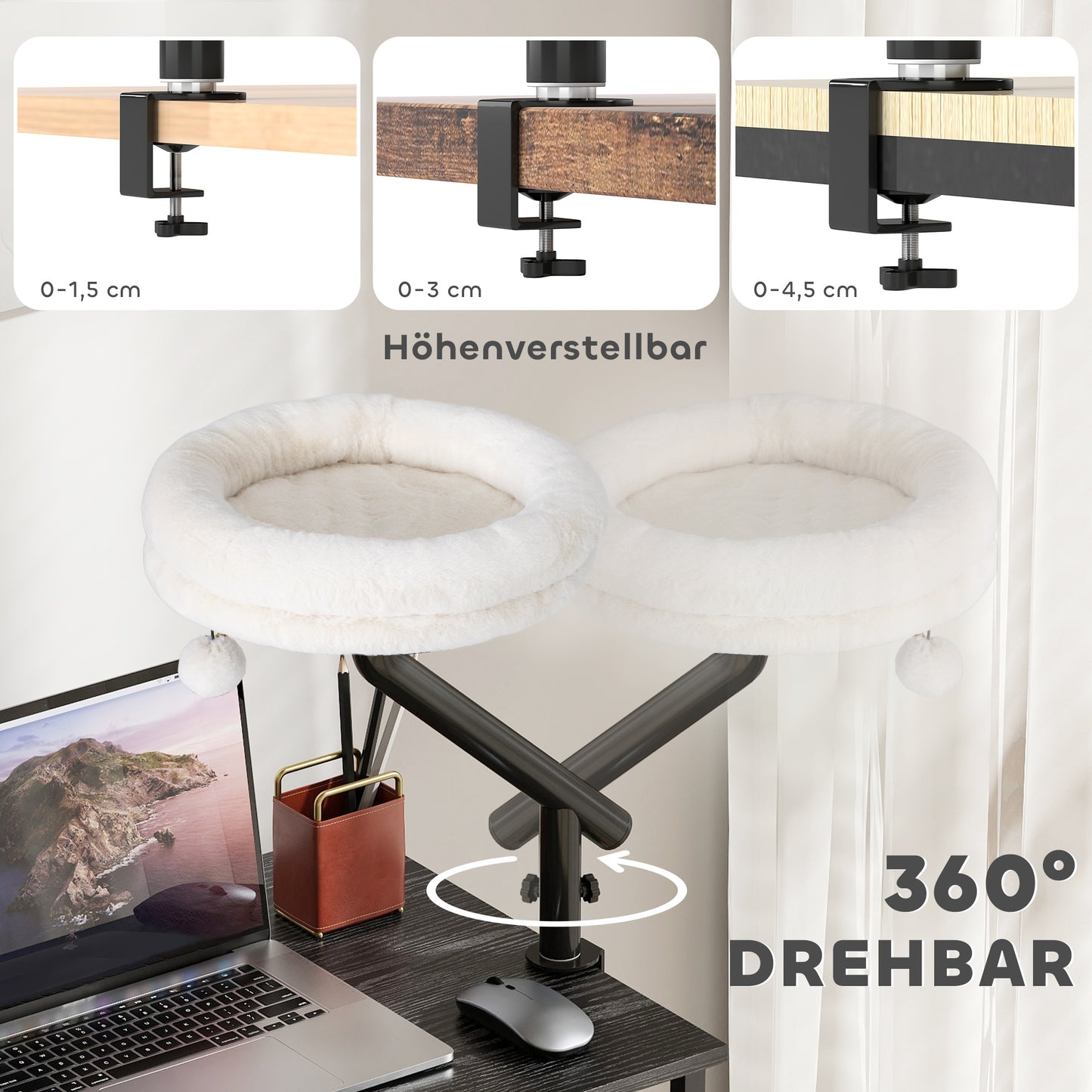 PawHut Katzen-Schreibtischbett, Katzenbett für Schreibtisch mit 360°Drehung, verstellbarer Höhe, Katzenliege mit abnehmbarem, maschinenwaschbarem Bett, für Katzen unter 6 kg, Heimbüro, Cremeweiß