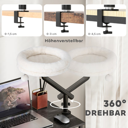 PawHut Katzen-Schreibtischbett, Katzenbett für Schreibtisch mit 360°Drehung, verstellbarer Höhe, Katzenliege mit abnehmbarem, maschinenwaschbarem Bett, für Katzen unter 6 kg, Heimbüro, Cremeweiß