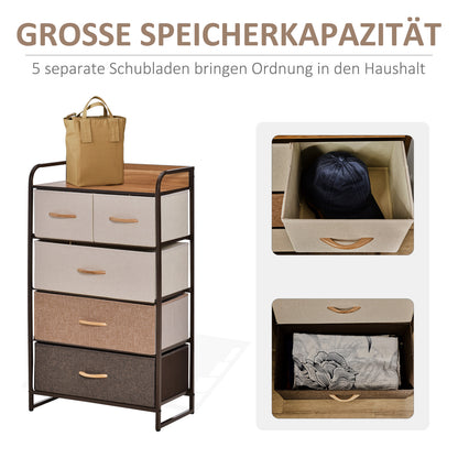 HOMCOM Kommode mit 5 faltbaren Stoffschubladen, Ablage, stabiler Stahlrahmen, 58 x 29 x 99 cm