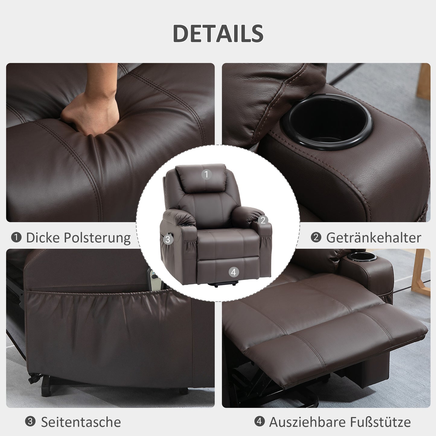 HOMCOM Massagesessel mit Aufstehhilfe, Liegefunktion, Kunstleder, bis 150 kg, 88 x 99 x 106 cm, Braun