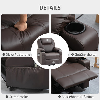 HOMCOM Massagesessel mit Aufstehhilfe, Liegefunktion, Kunstleder, bis 150 kg, 88 x 99 x 106 cm, Braun