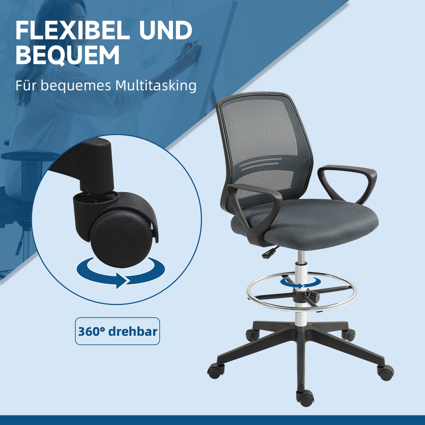 Vinsetto Bürostuhl Ergonomischer Schreibtischstuhl mit Armlehnen och Verstellbarer Fußring Netzbespannung Grau