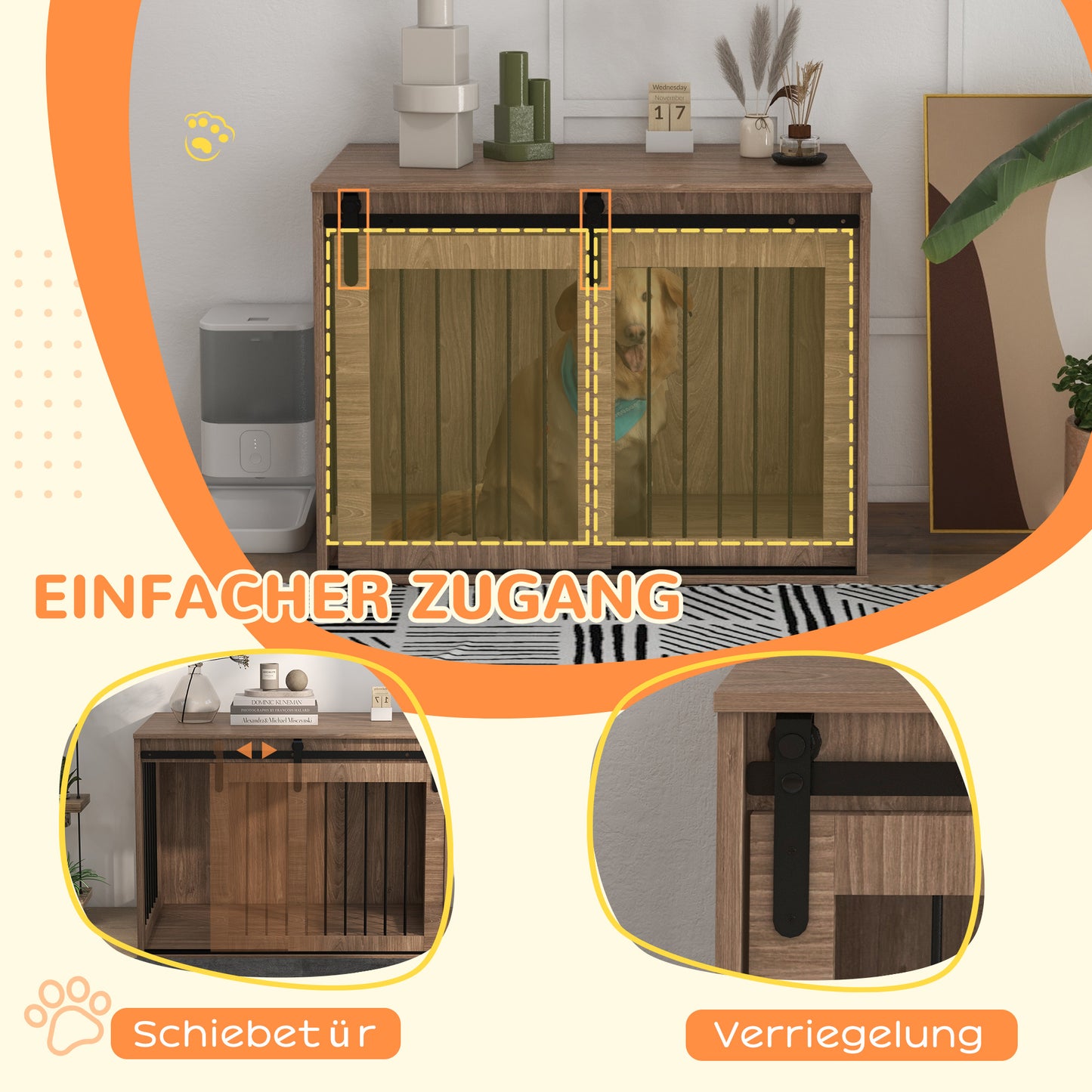 PawHut Hundebox Hundekäfig, Verriegelbar, Holzoptik, rustikales Design, 98 cm x 58 cm x 67 cm, Walnuss + Schwarz