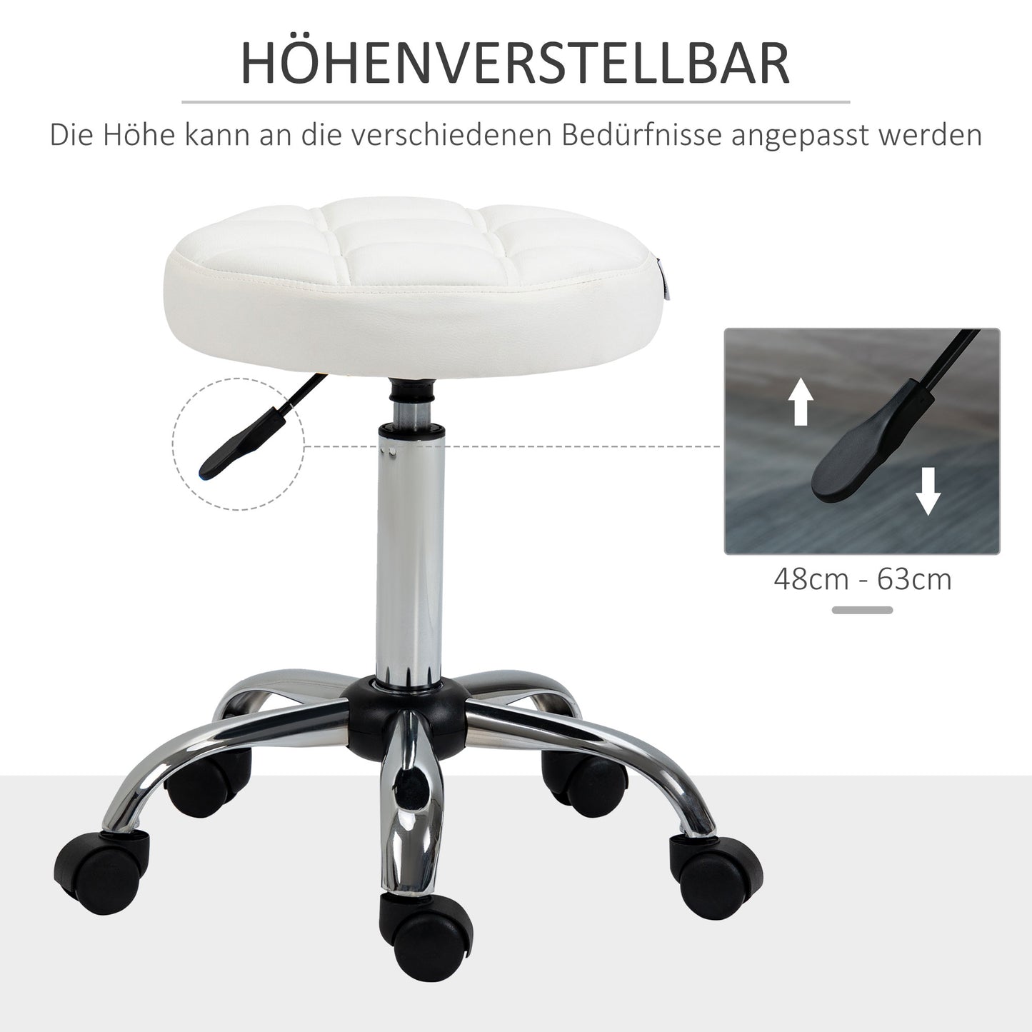 HOMCOM Drehhocker, Salonhocker, höhenverstellbar, Kunstleder, Steppdesign, Ø35,5 x 48-63 cm, Weiß/Silber