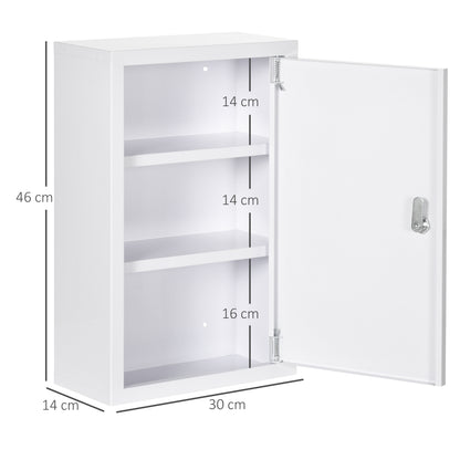 kleankin Medizinschrank, 3 Fächer, abschließbare Tür, stabiles Stahlgehäuse, weiß, 30 x 14 x 46 cm