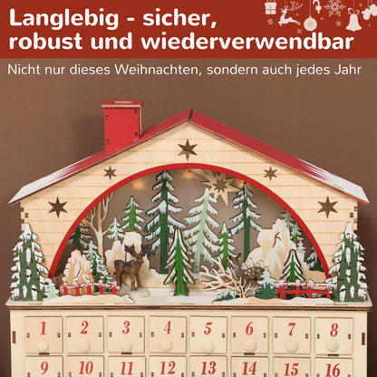 HOMCOM Adventskalender zum Befüllen 24 Schubladen Fächer Weihnachtskalender mit LED-Lichtern Naturholz 36 x 10 x 34 cm